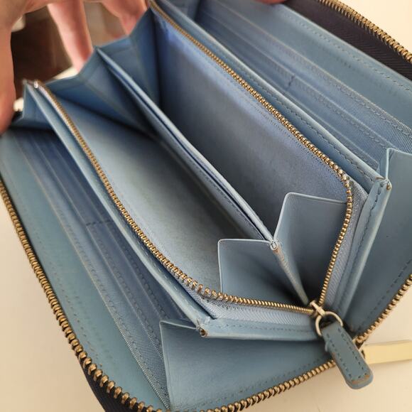 Lanvin Solid Blue Leather Zip Around Large Wallet Long Clutch Logo Designer - Picture 8 of 10